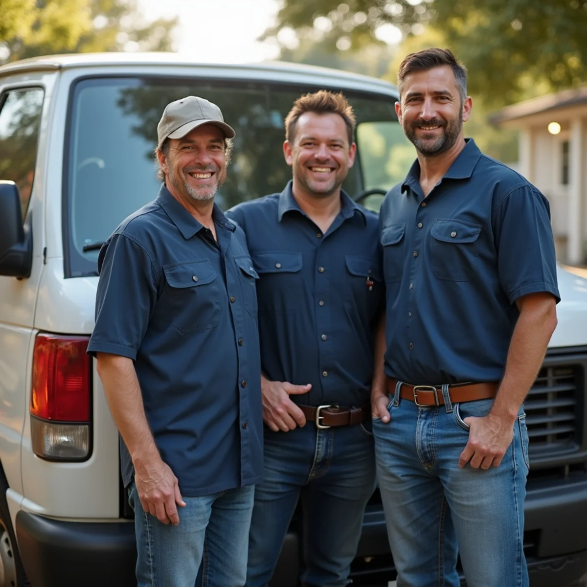 Locally owned HVAC team standing with a service van outside their Kennesaw, GA shop