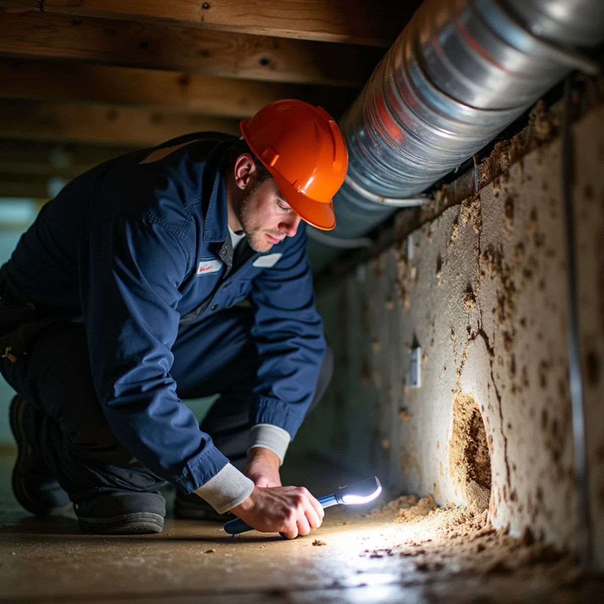 Corroded and sweating ductwork in a damp crawl space beneath a Cobb County home