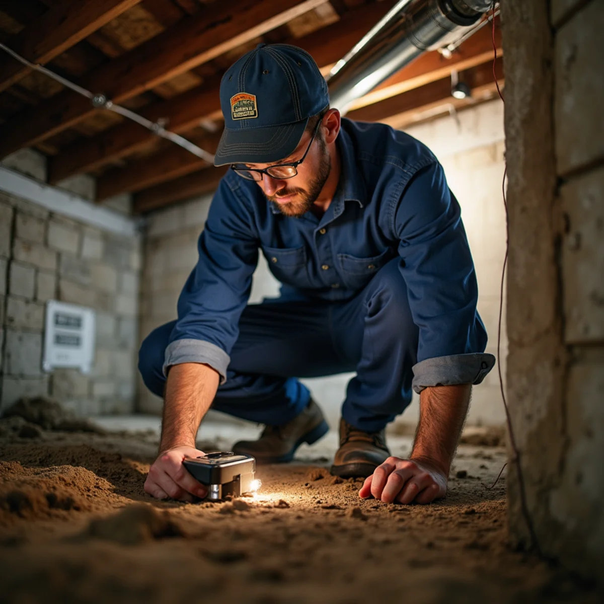 Damp Cobb County crawl space with ductwork and moisture on the ground