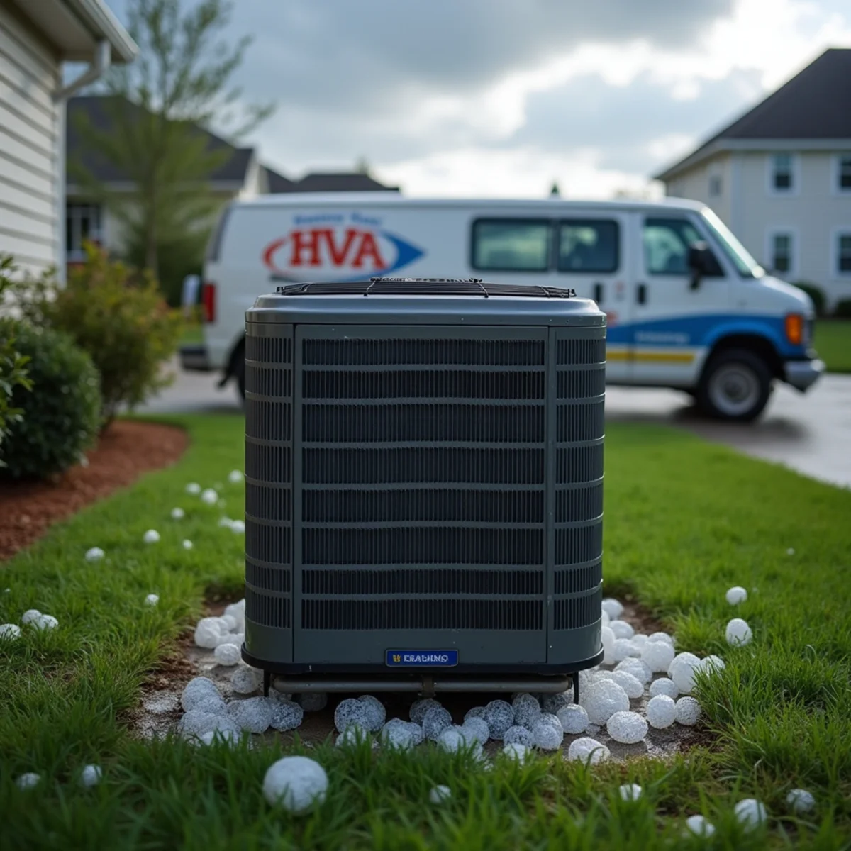 Outdoor AC condenser with hail-dented coil fins after a North Georgia spring storm