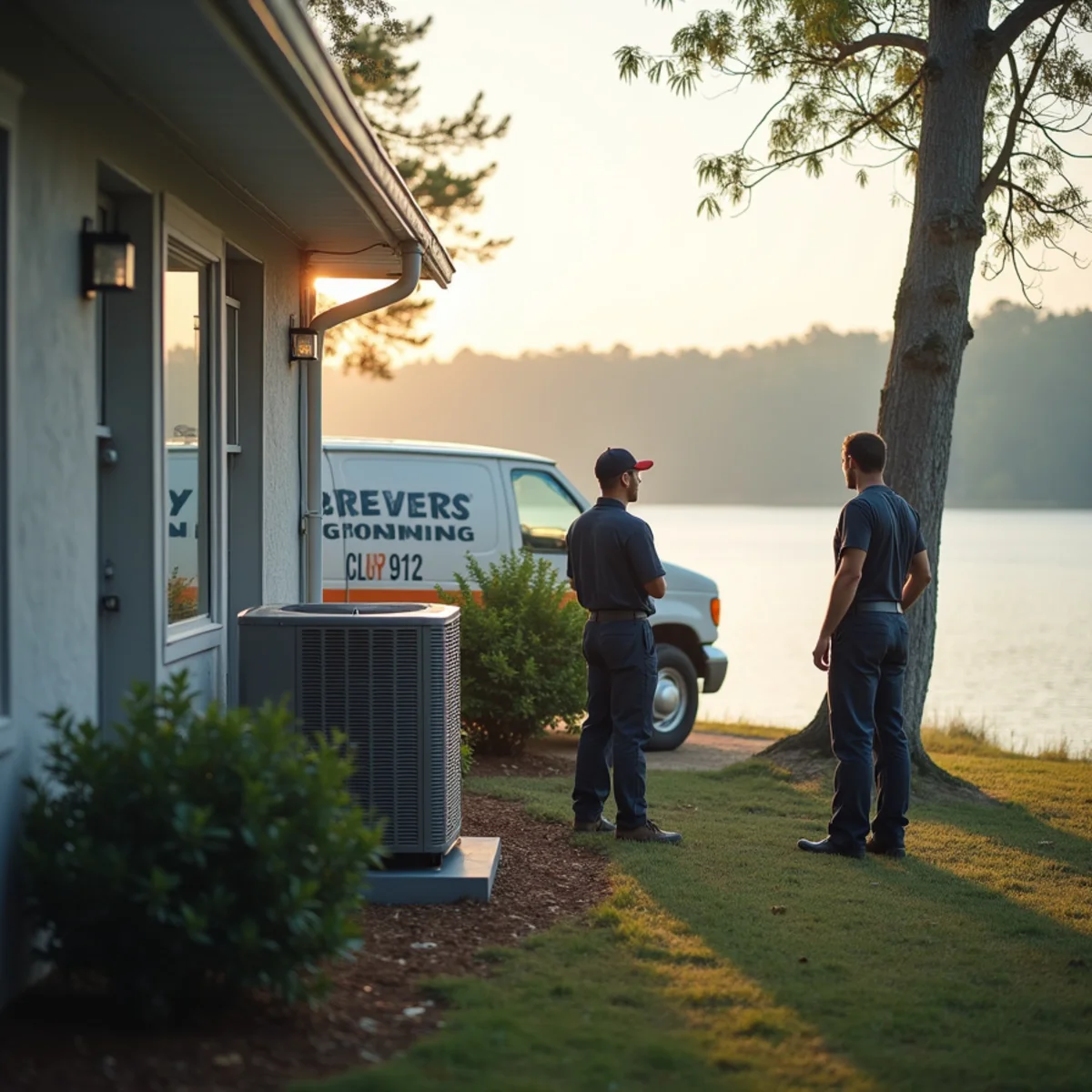 Home near Lake Acworth with morning mist and an outdoor AC unit