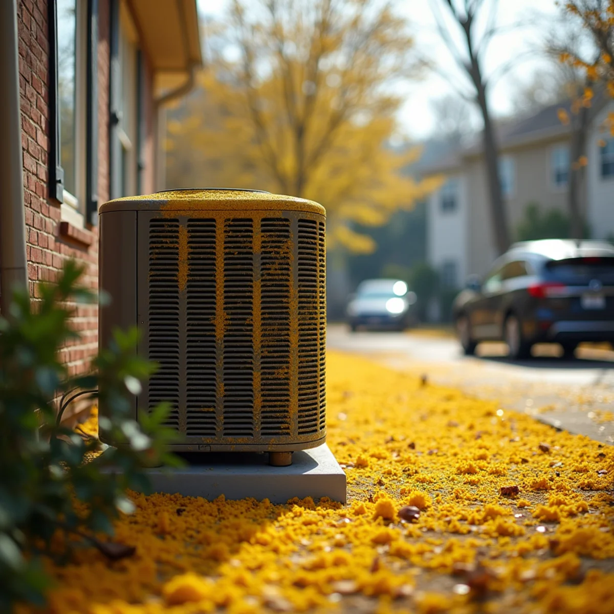 Yellow pine pollen coating an outdoor AC condenser coil in spring in Georgia