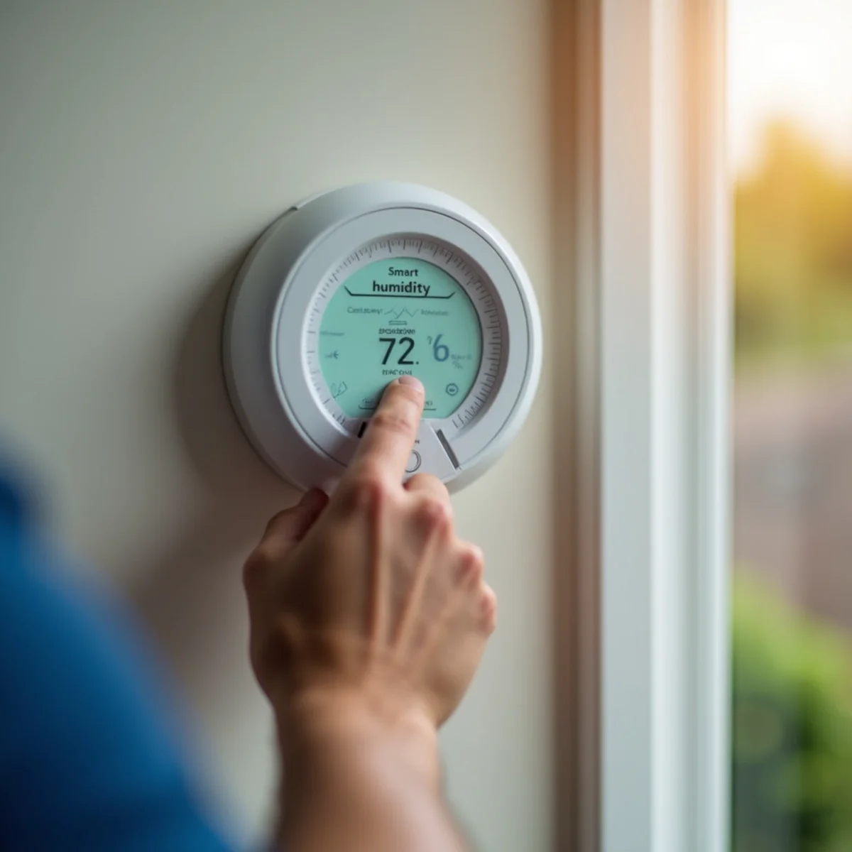 Smart thermostat displaying temperature and humidity in a Georgia home during summer