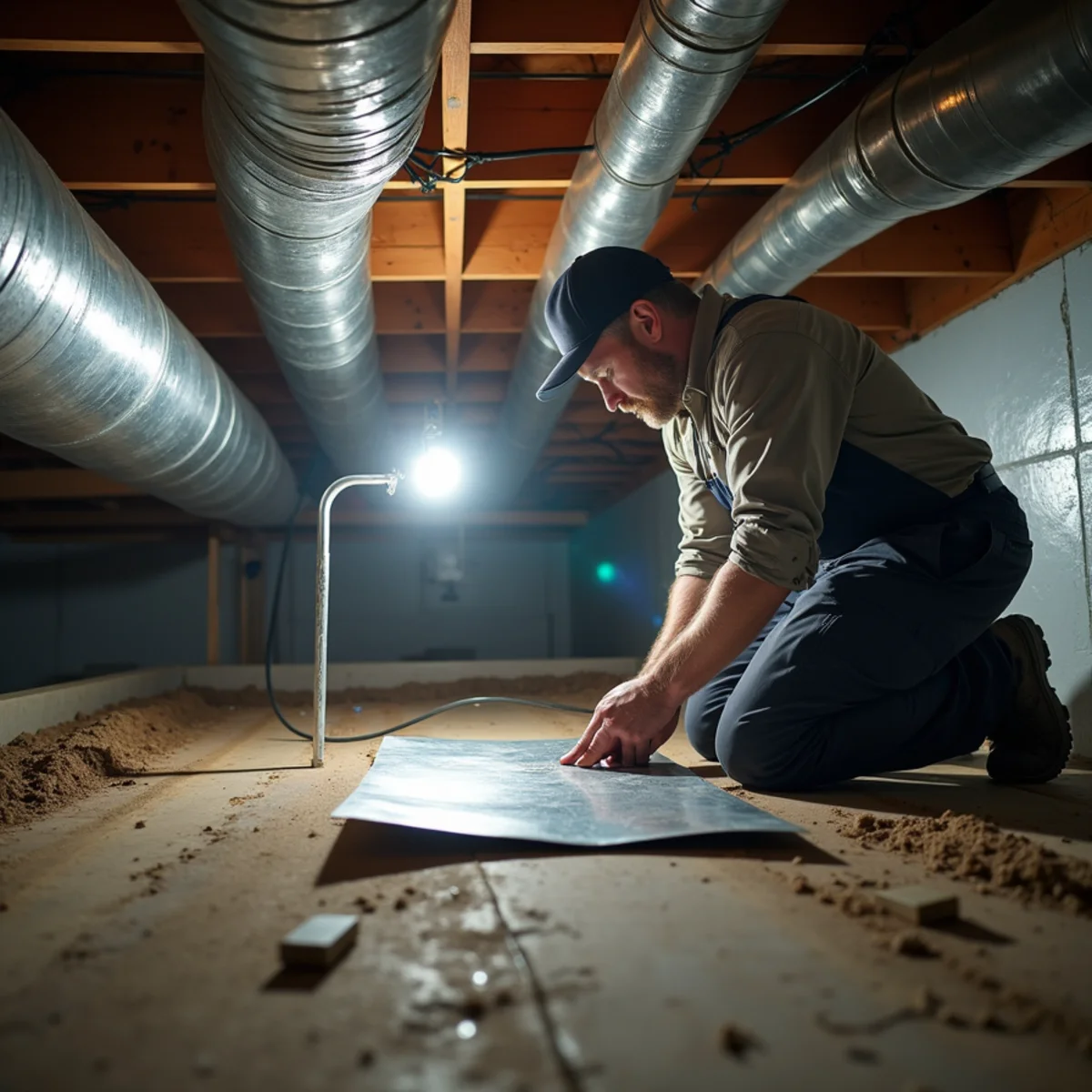 HVAC technician sealing leaky ductwork in a crawl space at a Kennesaw, GA home