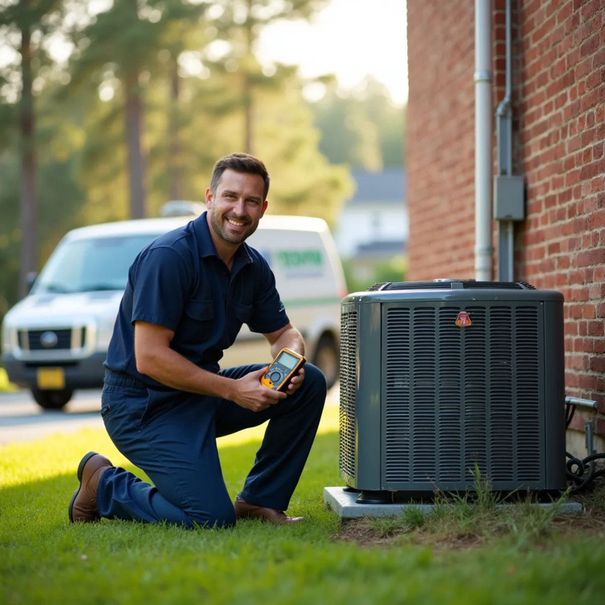 Licensed HVAC technician servicing an air conditioner outside a Kennesaw, GA home