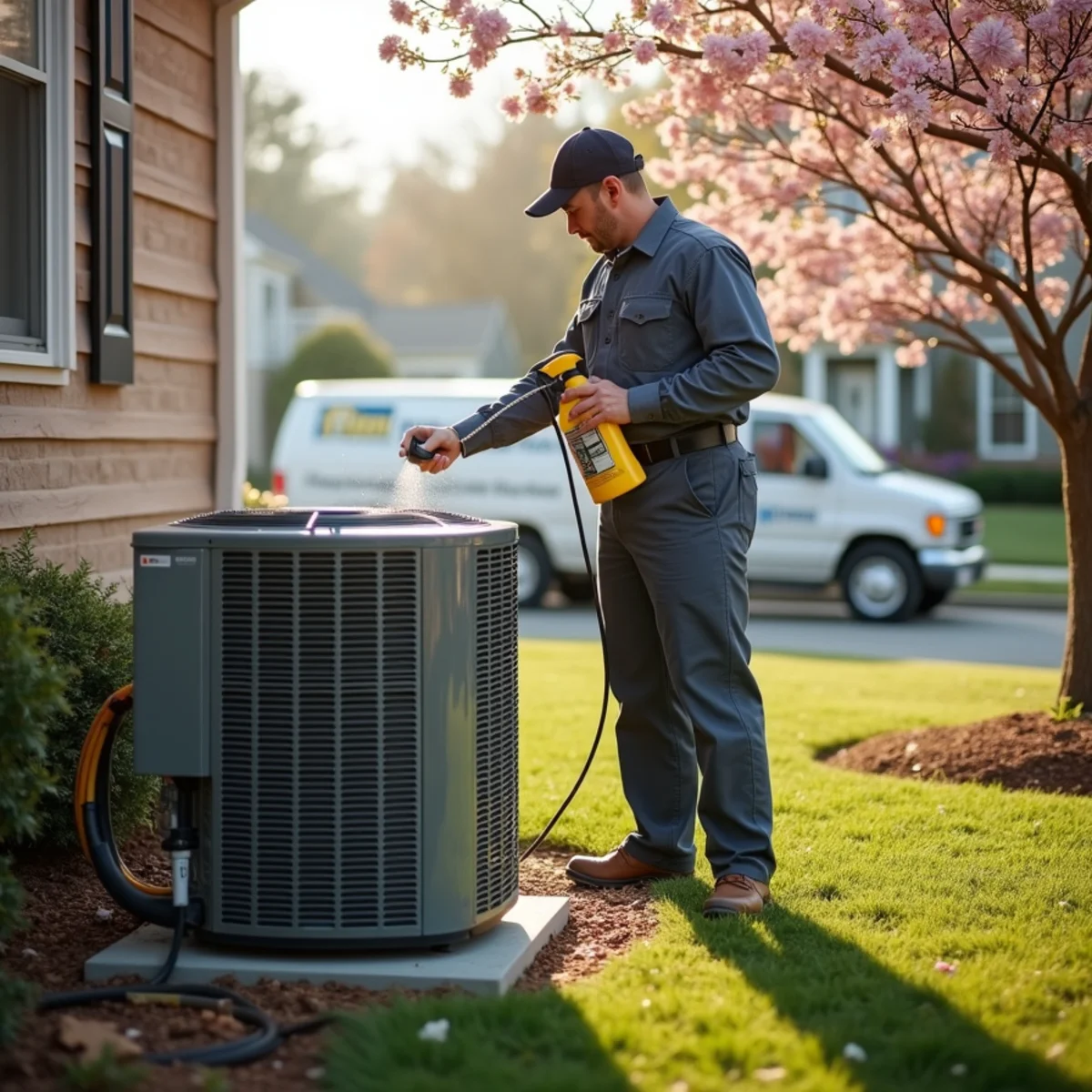HVAC technician performing a seasonal tune-up on an outdoor AC condenser in Kennesaw, GA