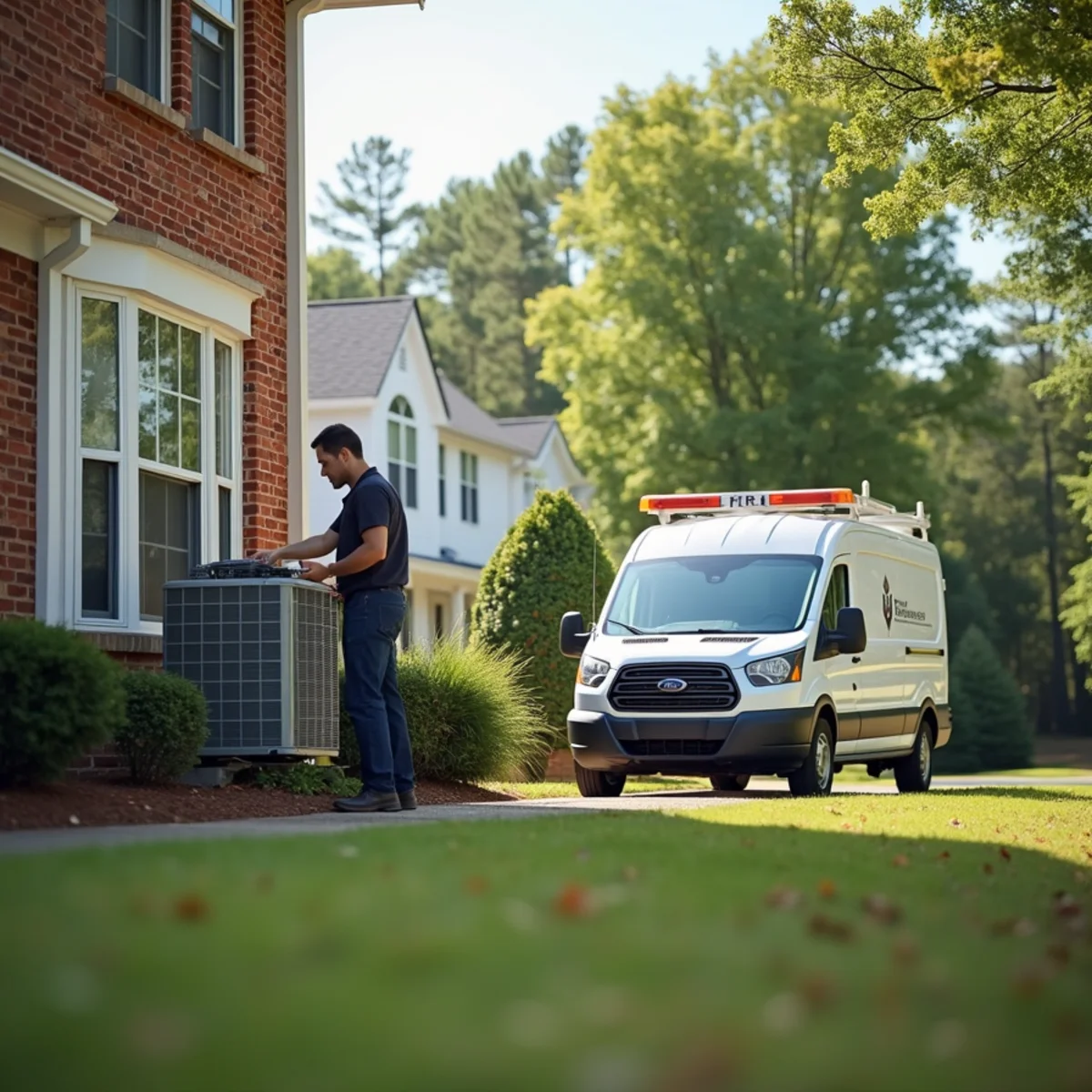 HVAC technician clearing leaves from a condenser at a wooded Deerfield home in Kennesaw
