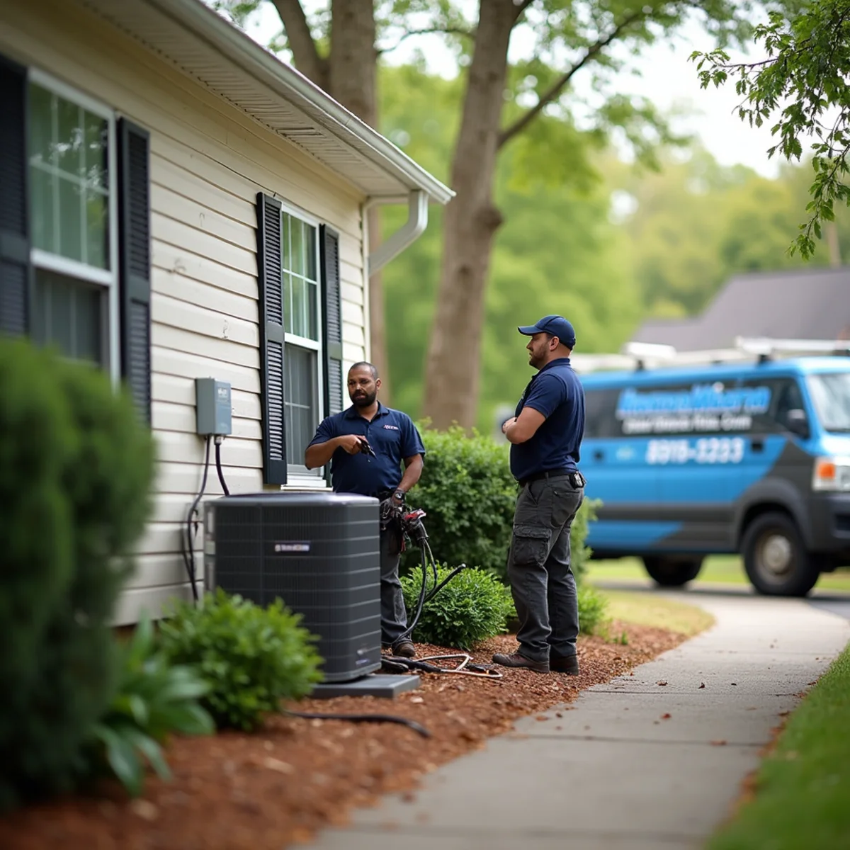 HVAC technician servicing an air conditioner at a Legacy Park home in Kennesaw