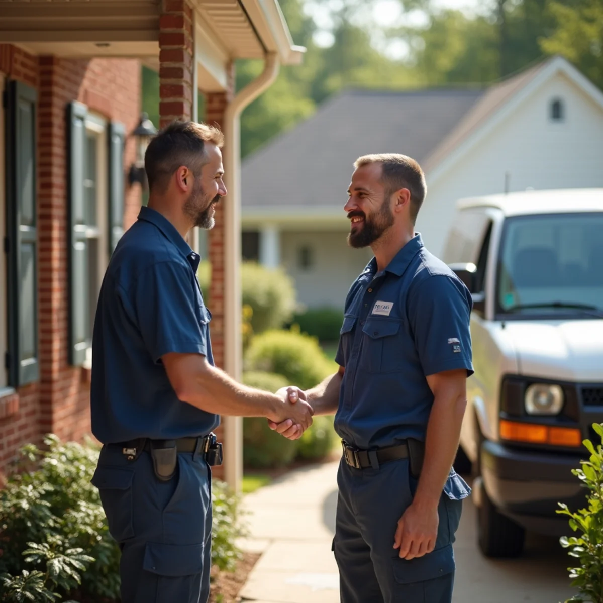 Satisfied Kennesaw homeowner shaking hands with an HVAC technician