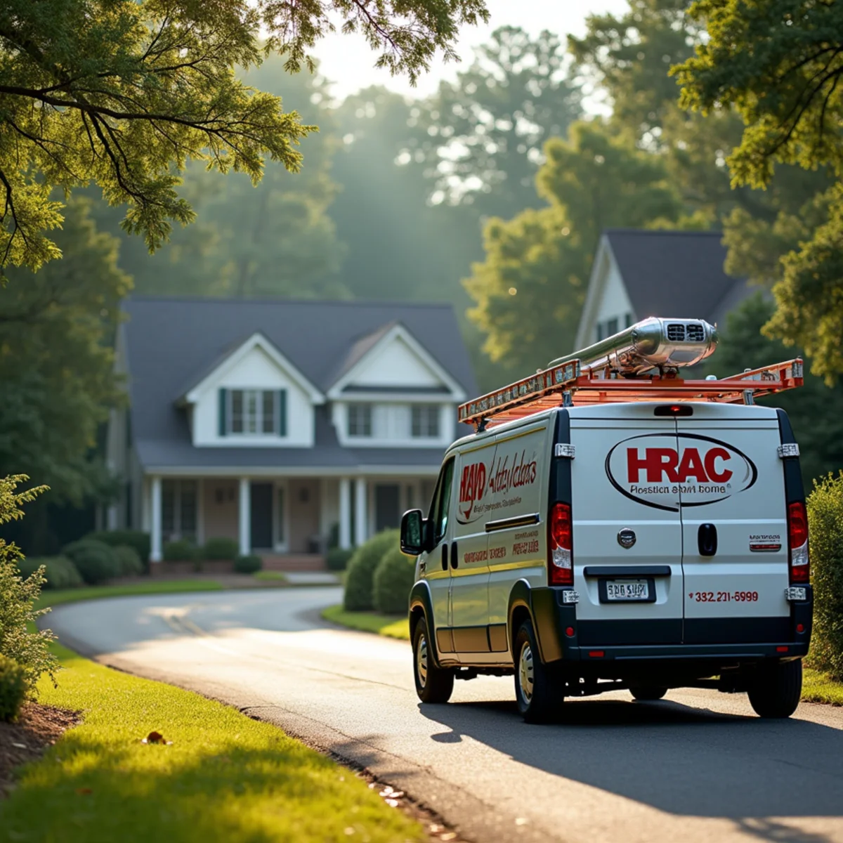 HVAC technician servicing a condenser at a large wooded-lot home in Lost Mountain, Georgia