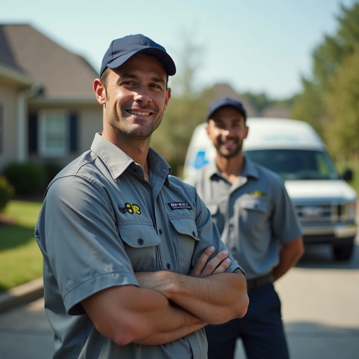HVAC technician servicing a lake cabin system near Lake Arrowhead in Waleska, Georgia